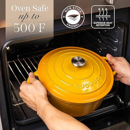 Nuovva Enamelled Cast Iron Dutch Oven Pot with Lid 6.4 Quart Non Stick Casserole Pot-Heavy Duty & Oven Safe up to 500° F for Bread Baking, Braising, Stews, Roasting - 28cm Yellow