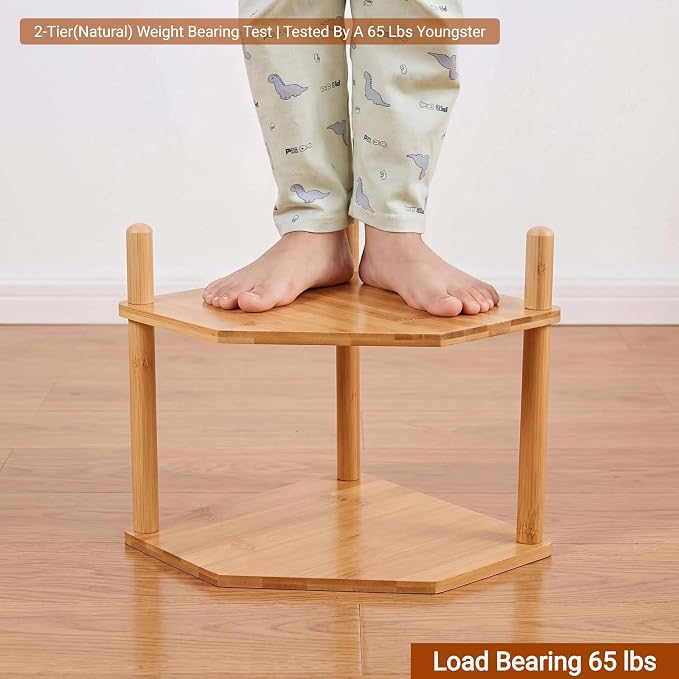 3-Tier Expandable Bamboo Corner Shelf - Dish/Plate Organizer for Cabinet, Kitchen Counter Shelf & Small Kitchen Shelf, Adjustable (White, 1-Pc 3.90" H)