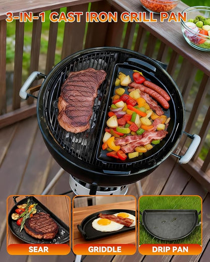 Cast Iron Drip Griddle Pan for 22" Weber Kettle Grill– Heavy Duty 3-in-1 Kettle Grill Accessory, Griddle Insert for 22 Inch Weber & Other Charcoal Kettle Grills, BBQ Searing Pan, Griddle & Drip Tray
