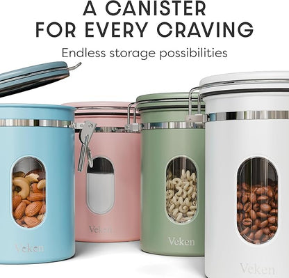 Veken Coffee Canister with Window, Airtight Stainless Steel Kitchen Food Storage Container with Lids, Date Tracker and Scoop for Ground, Beans, Tea, Flour, Cereal, Sugar Jars, 22OZ, White