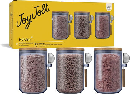 JoyJolt Holden 32oz Stackable Glass Storage Containers with Lids and Scoops, Airtight Food Canister Set of 3 w/Acacia Wood Lids, Round Stacking Pantry and Kitchen Containers w/Scoop | Smoke Blue