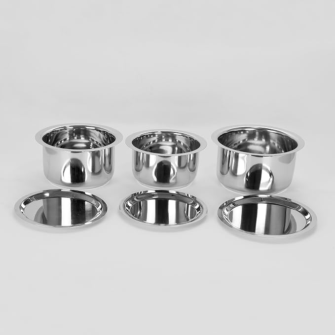Sumeet Stainless Steel Cookware Set With Lid, 1L, 1.4L, 1.8L, 3 Piece (White)