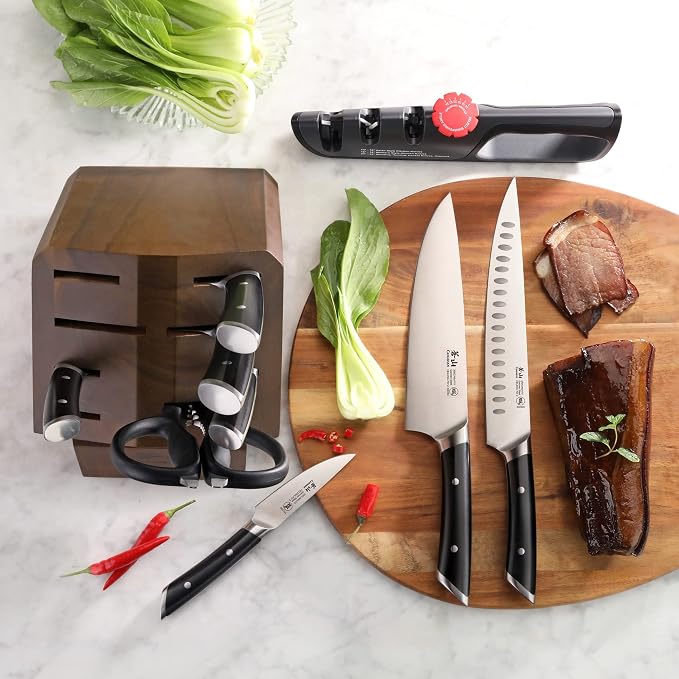Cangshan HELENA Series 10-Piece German Steel Forged Knife Block Set, Black, Full Tang Kitchen Knife Set with Acacia Wood Block and Sharpener