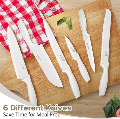 E-far 12-Piece Kitchen Knife Set, Stainless Steel Chef Knives Set with 6 Blade Guards, Sharp Kitchen Cooking Knife with Ergonomic Handle, Anti-Rust & Easy to Clean (Cream)
