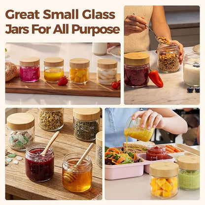 HomArtist 4oz Glass Salad Dressing Containers with Bamboo Lids - 6 Pack Small Airtight Condiment Cups, Mini Sauce Jars for Picnic, Ketchup, Dip & Snacks, Leakproof, BPA-Free & Dishwasher Safe