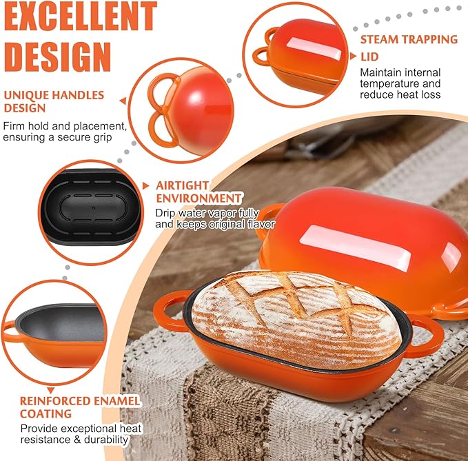 Enameled Cast Iron Sourdough Bread Oven, 2.5 QT Loaf Cast Iron Bread Pan with Lid, Oval Dutch Oven for Homemade Bread Baking, Meatloaf Pan with Lid (Orange)