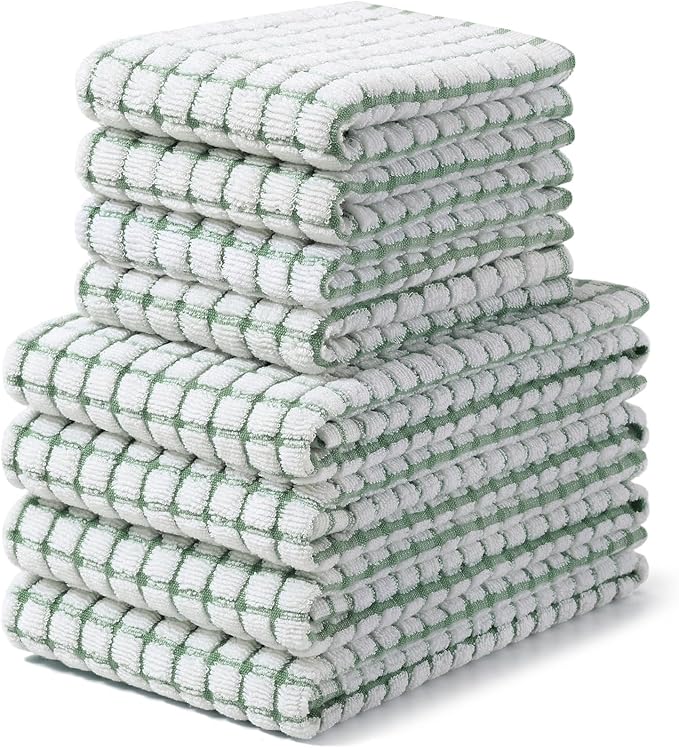 Homaxy Kitchen Towels and Dishcloths Set, 16 x 25 and 12 x 12 Inches, Set of 8 Cotton Terry Kitchen Dish Towels, Super Soft and Absorbent Dish Cloths, Grass Green