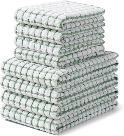 Homaxy Kitchen Towels and Dishcloths Set, 16 x 25 and 12 x 12 Inches, Set of 8 Cotton Terry Kitchen Dish Towels, Super Soft and Absorbent Dish Cloths, Grass Green