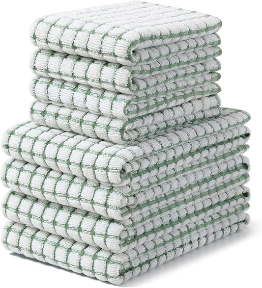 Homaxy Kitchen Towels and Dishcloths Set, 16 x 25 and 12 x 12 Inches, Set of 8 Cotton Terry Kitchen Dish Towels, Super Soft and Absorbent Dish Cloths, Grass Green