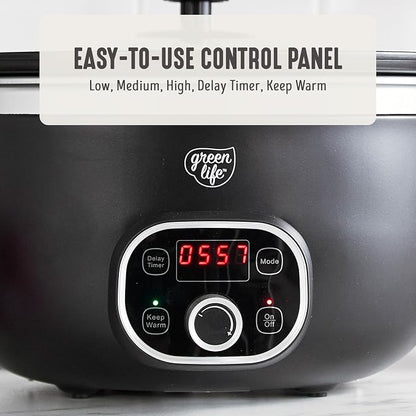GreenLife 6QT Slow Cooker, Non-Toxic PFAS-Free Ceramic Nonstick Removable Interior Bowl, Programmable, Family Friendly, Keep Warm, Stovetop & Oven Safe, Dishwasher Safe Crock, Timer, Glass Lid, Black