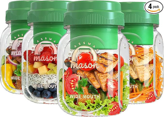 [UPGRADE] 4 Pack Green Salad Jars with Lids and Airtight Silicone Dressing Cup, Square Glass Salad Container for Lunch with Foldable Fork for Men/Women, 32 Oz Mason Jar for Overnight Oats Meal Prep