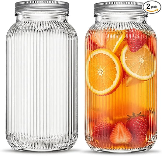 INSETLAN 64 oz Wide Mouth Glass Mason Jars, Set of 2, Ribbed Canning Jars for Sourdough Starter, Pickling, Fermentation, Sun Tea & Pantry Storage, Refrigerator Safe