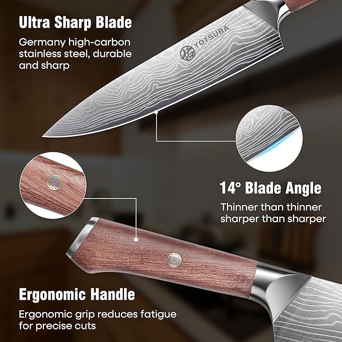 YOTSUBA 5 PCS Japanese Kitchen Knife Set with Ergonomic Natural Rosewood Handle, Razor Sharp High Carbon Stainless Steel Chef Knives, Premium Gift Box for Home Chefs