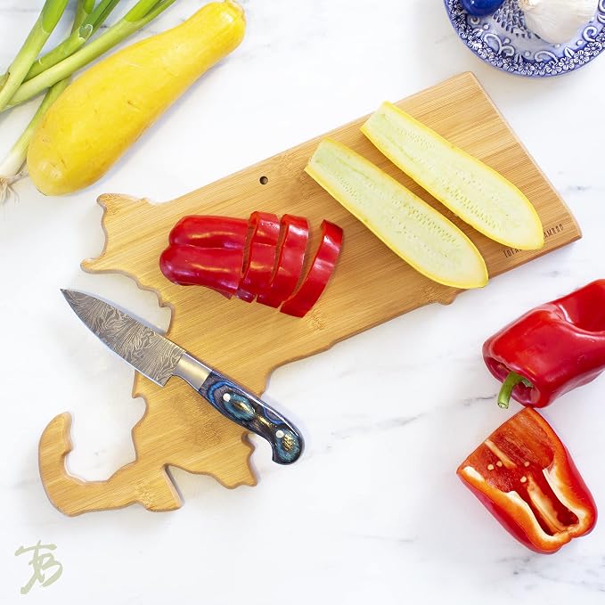 Totally Bamboo Destination Massachusetts State Shaped Serving and Cutting Board, Includes Hang Tie for Wall Display