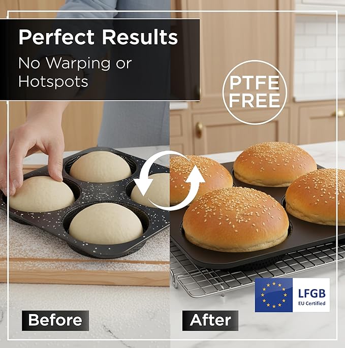 Wrenbury Hamburger Bun Pan Carbon Steel Nonstick - 4-Cavity Baking Mold | for Homemade Burger Buns Bread Rolls and Mini Pies