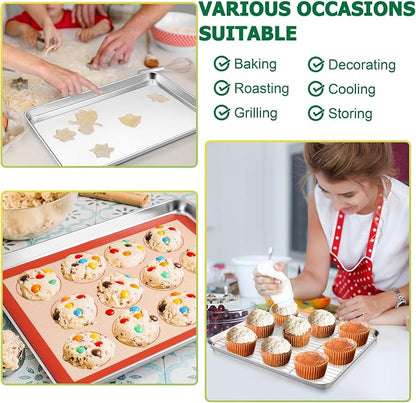 TeamFar Stainless Steel Baking Sheet with Rack Set, 10.5/12.5/16 Inch Baking Pan with Wire Rack & Silicone Baking Mat for Oven Baking, Cookies Sheets Set of 9 (3 Sheets + 3 Racks + 3 Mats), Easy Clean