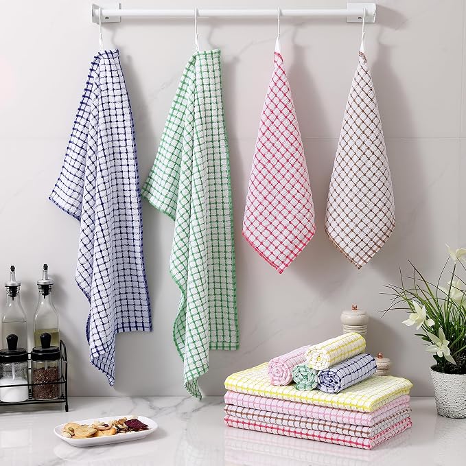 Homaxy Kitchen Towels and Dishcloths Set, 16 x 25 and 12 x 12 Inches, Set of 12 Cotton Terry Kitchen Dish Towels, Super Soft and Absorbent Dish Cloths, Red/Blue/Yellow/Green/Pink/Brown