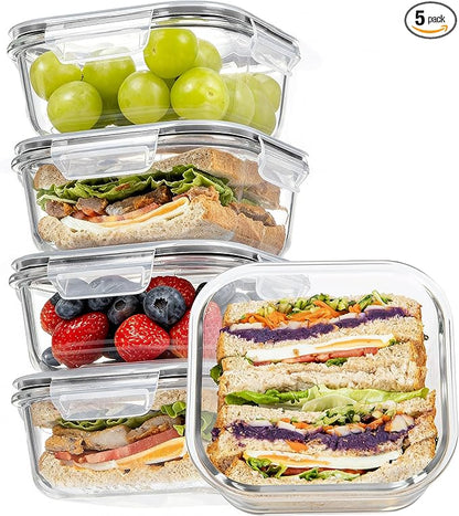 Vtopmart 5Pack 27oz Glass Storage Containers with Lids, Glass Meal Prep Food Container Sets, Sandwich Containers with Snap Airtight Lid for Microwave, Oven, Freezer and Dishwasher, Grey