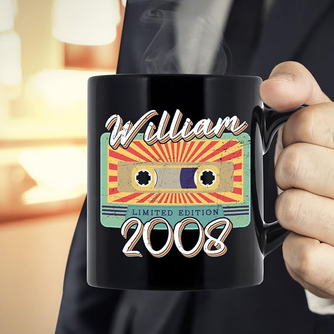Personalized Vintage Cassette Tape Vintage 2008 Mug, Custom Your Name, 2008 Retro Coffee Mug, 14th Birthday Present Gifts, 2008 Birthday Gift For Friends Family, Customizable Black Tea Cups