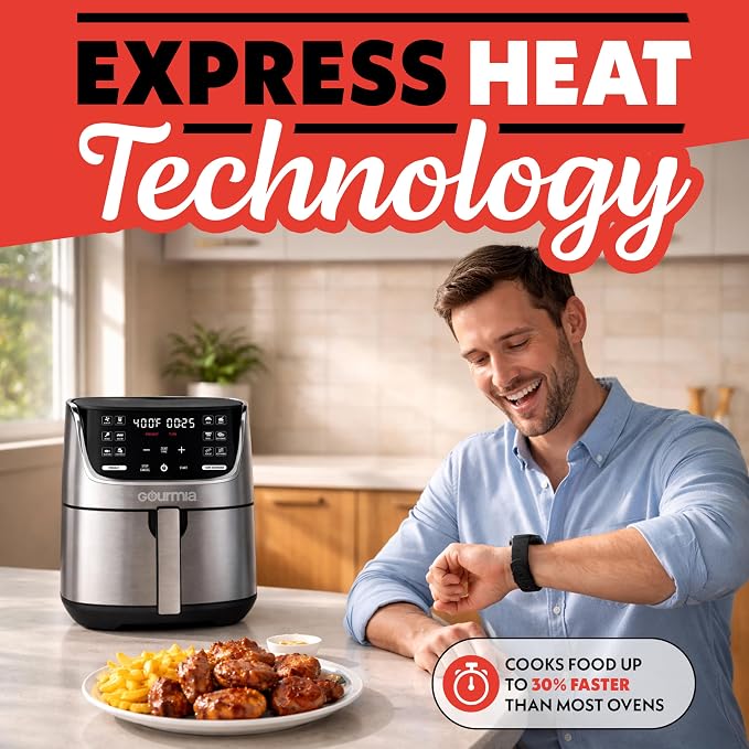 Gourmia Air Fryer - 7 Qt Capacity, LED Display, 12 One-Touch Presets, FryForce 360° Technology, Nonstick Dishwasher-Safe Basket & Crisper Tray, Stainless Steel