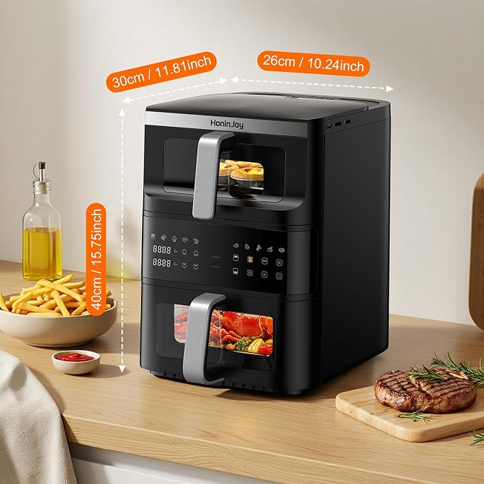 13QT Dual-Basket Air Fryers, Vertical Compact Large Air Fryers with viewing window & Independent Light, 10-in-1 Presets for Home Family, Bake/Dehydrate/Reheat, Double Zone Air Fryer Dishwasher-Safe