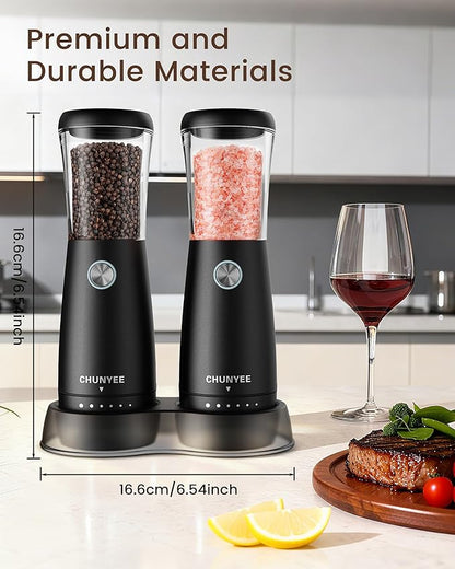 Electric Salt and Pepper Grinder Set - Automatic Stainless Steel Rechargeable Salt and Pepper Grinder Set with Storage Base, Large Capacity, LED Light & Adjustable Coarseness, Ideal Kitchen Gadget