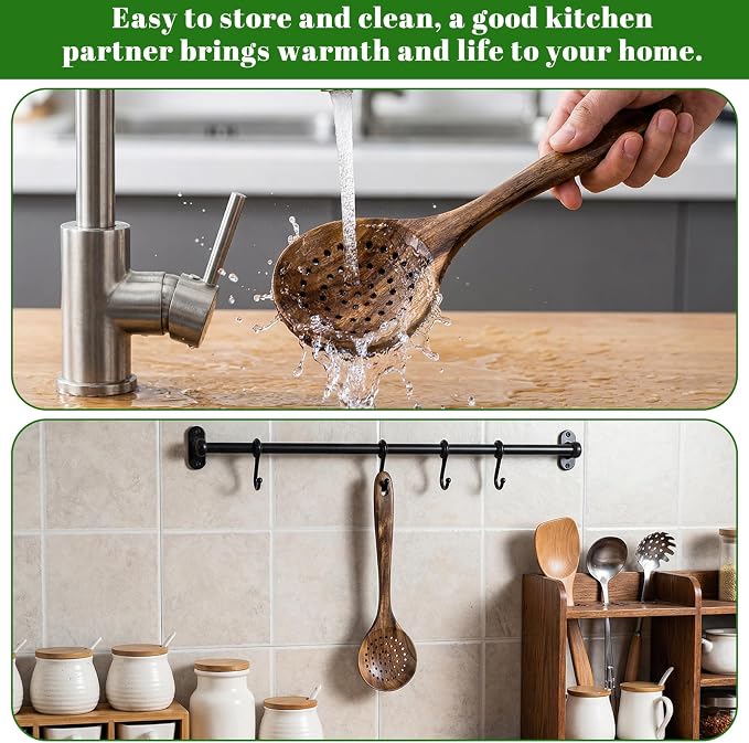 Wooden Slotted Spoon Natural Wooden Skimmer Spoon Teak Slotted Spoons for Cooking Long Handle Wooden-Ladle with Holes 11 Inch