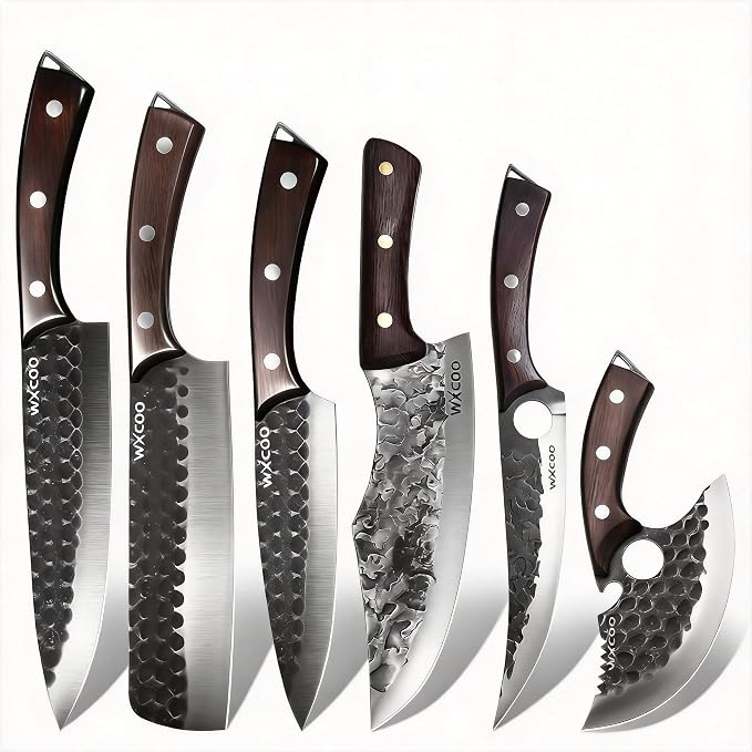 6PCS Kitchen Knife Set Kitchen High Carbon Steel Hand Forged Sharp Chef Knives All Purpose for Home and Outdoor Cooking Non Stick Hammer Finish Ergonomic Wood Handle with Leather Sheath - Black