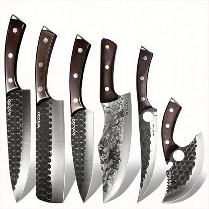6PCS Kitchen Knife Set Kitchen High Carbon Steel Hand Forged Sharp Chef Knives All Purpose for Home and Outdoor Cooking Non Stick Hammer Finish Ergonomic Wood Handle with Leather Sheath - Black