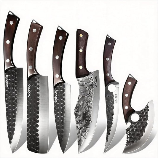 6PCS Kitchen Knife Set Kitchen High Carbon Steel Hand Forged Sharp Chef Knives All Purpose for Home and Outdoor Cooking Non Stick Hammer Finish Ergonomic Wood Handle with Leather Sheath - Black