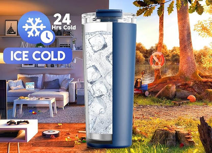 Meoky 24 oz Travel Coffee Mug with Leak-proof Lid, Stainless Steel Insulated Coffee Tumbler, Keeps Hot for 8 Hours or Cold for 24 Hours, Fits in Car Cup Holder (Sea)