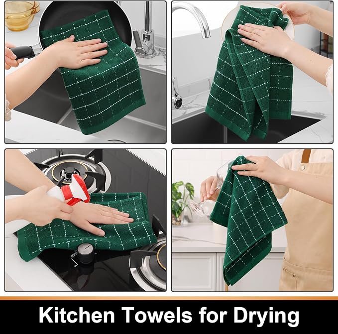 Mordimy 100% Cotton Terry Cloth Kitchen Towels, Super Soft and Absorbent Dish Towels for Drying, Checkered Designed Hand Towels for Kitchen, 13 x 28 Inches, 4 Pack, Dark Green