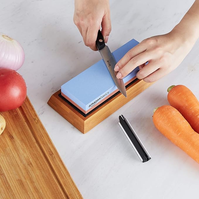 Amazon Basics Dual Sided Whetstone Knife Sharpening Stone 400/1000 Grit with Angle Guide, Non-Slip Bamboo Base, Black & Grey