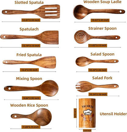Wooden Spoons for Cooking, 10 Pcs Acacia Wood Cooking Utensils Set with Hand Painted Holder, Wooden Kitchen Utensils Set for Nonstick Cookware, Gift Box