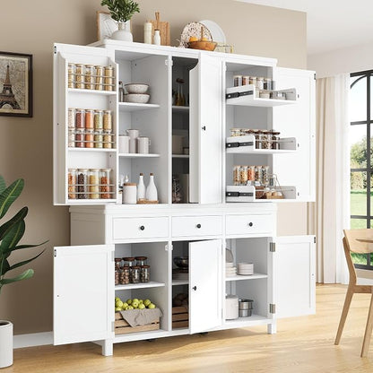 74.8''H High Freestanding Kitchen Pantry, Wooden Kitchen Organizers Cupboard Storage Cabinet with Door Shelves, Adjustable Shelves, Pull-out Trays and Drawers for Dining Room Living Room (White-2.12)