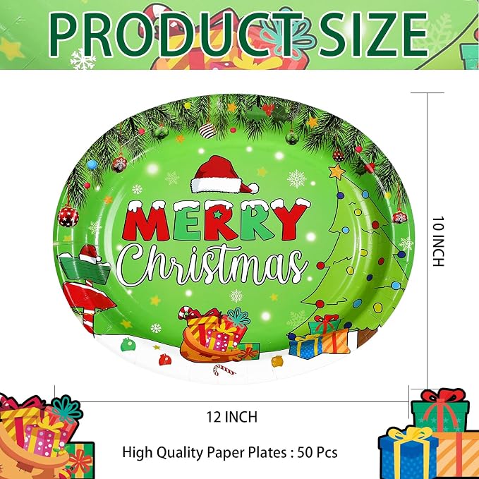 50Pcs Christmas Oval Paper Plates 10" x 12" Large Disposable Heavy Duty Merry Christmas Red Green Party Plates Xmas Balls Tree Snowflake Dessert Platter for Winter Friends Holiday Home Party Supplies