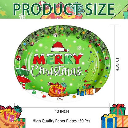 50Pcs Christmas Oval Paper Plates 10" x 12" Large Disposable Heavy Duty Merry Christmas Red Green Party Plates Xmas Balls Tree Snowflake Dessert Platter for Winter Friends Holiday Home Party Supplies