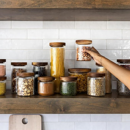 Mason & Fable Ribbed Glass Canisters or Spaghetti Jars with Airtight Wood Lid- Tall Storage Containers for Pasta, Cereal or Flour -Ideal for Kitchen/Pantry Organization - 60 fl.oz, Set of 2