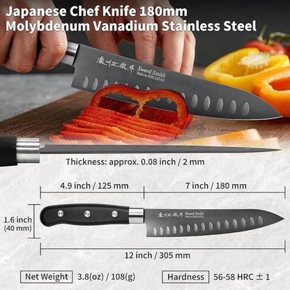 7 Inch Japanese Chef Knife, Made in Japan, High Carbon Molybdenum Stainless Steel Gyuto Knife with Granton Edge Titanium Coated Blade, Kitchen Knife for Slicing Meat
