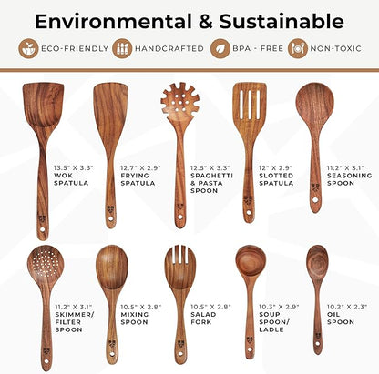 Wooden Spoons for Cooking – 10 Pcs Teak Wood Utensil Set, Durable, Nonstick Safe & Heat Resistant with Ergonomic Handles