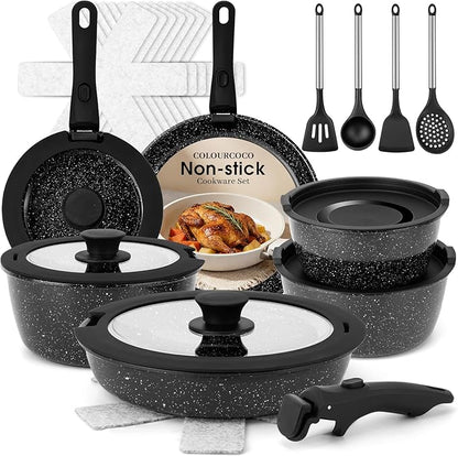 Pots and Pans Set - Non Stick 25 Pieces Cookware Set Pots and Pans with Detachable Handles, Includes Pans, Pots, Utensils, Trivets for Hot Dishes, Lids, Space-Saving Cookware