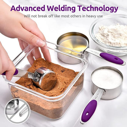 Measuring Cups and Spoons Set: U-Taste 18/8 Stainless Steel 10 Pieces Metal Stacking Kitchen Baking Cooking Food Measure Set 5 Cups 5 Spoons with Strengthened Weld Joints (Purple, Upgraded Version)