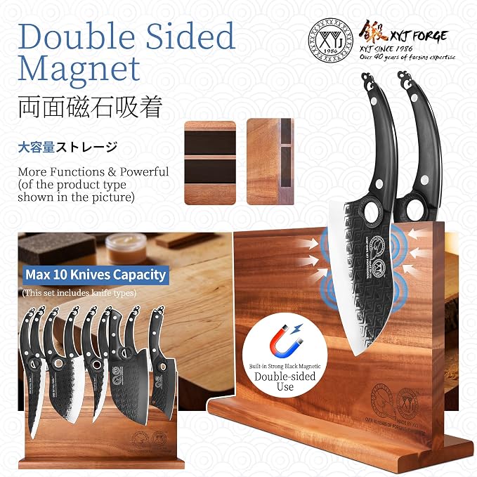 XYJ Kitchen Knives Set with Magnetic Knife Block, Cutting Board, Sharpener Rod, Scissors, Gloves, High Carbon Steel Blades, Bread Slicing Cleaver Vegetable Butcher Cooking Chef Knives