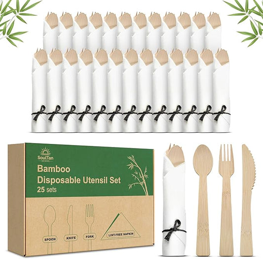 Black Bamboo Silverware Set 25 Pack, Prerolled Cutlery with Black String Napkin Bundle, Disposable Bamboo Utensils for Weddings, Parties and Events (Fork Knife Spoon)