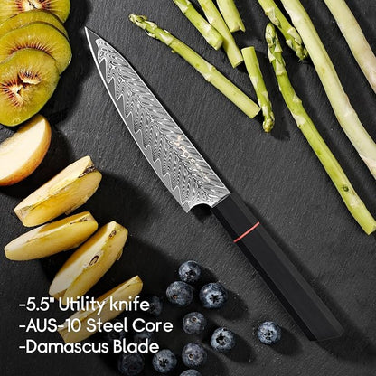 5.5-Inch Japanese Chef Knife - Razor Sharp Damascus Small Kitchen Knife, AUS-10 Steel for Paring Knife with G10 Handle