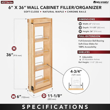 Rev-A-Shelf Kitchen Cabinet Pullout Wall Filler Wooden Organizer Slide Out Pantry Storage w/Soft-Close in Multiple Sizes, 6 x 36 in, 432-WFBBSC36-6C