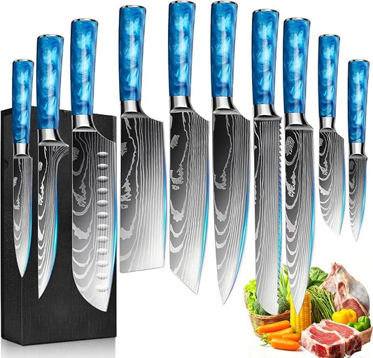10-Piece Premium Japanese Kitchen Knife Set - Star Collection, Laser Damascus Pattern, 440A Stainless Steel Ultra Sharp for Fast Cutting (Blue)