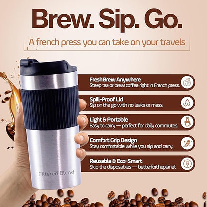 15oz Double Wall Stainless Steel Insulated French Press Coffee and Tea Maker - Portable Camping Mug and Tumbler - Heat Retaining, Leak-Proof, Travel-Friendly for Office and Outdoor Adventures (Black)