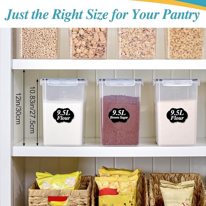 Vtopmart 9.5L 2 Pack Extra Large Flour Sugar Storage Containers, Each for 12.5 lbs flour, Airtight Kitchen Pantry Organization Canisters with Lids for Bulk food, Rice, Baking Supplies, BPA Free, Black
