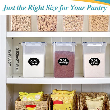 Vtopmart 9.5L 2 Pack Extra Large Flour Sugar Storage Containers, Each for 12.5 lbs flour, Airtight Kitchen Pantry Organization Canisters with Lids for Bulk food, Rice, Baking Supplies, BPA Free, Black